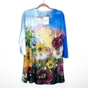 Et Lois Knit Tunic Top Size L Multicolor Floral 3/4 Sleeves Artsy Made in US NEW